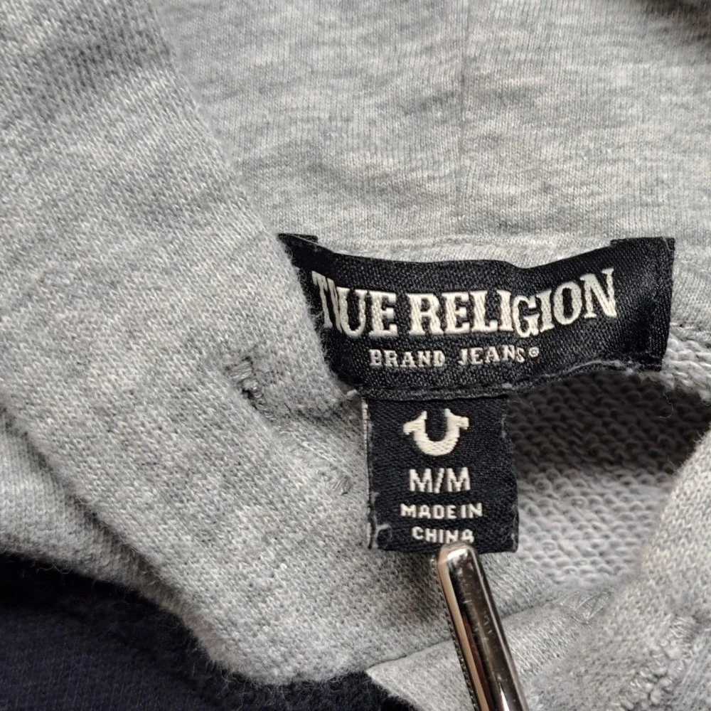 True Religion Color Block Pullover Hoodie Mens Medium Black Grey Excellent Logo
